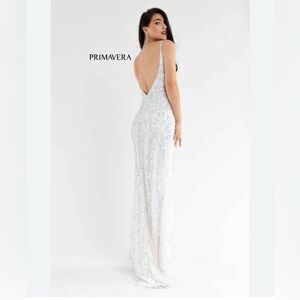 Primavera Courure Backless White and Blue Dress Style 3749 size 6
